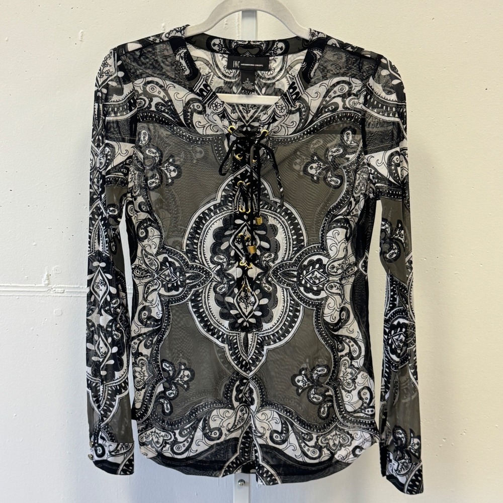 Y2K INC International Concepts Mesh Fairycore Paisley Lace Up Top Olive Green Sm